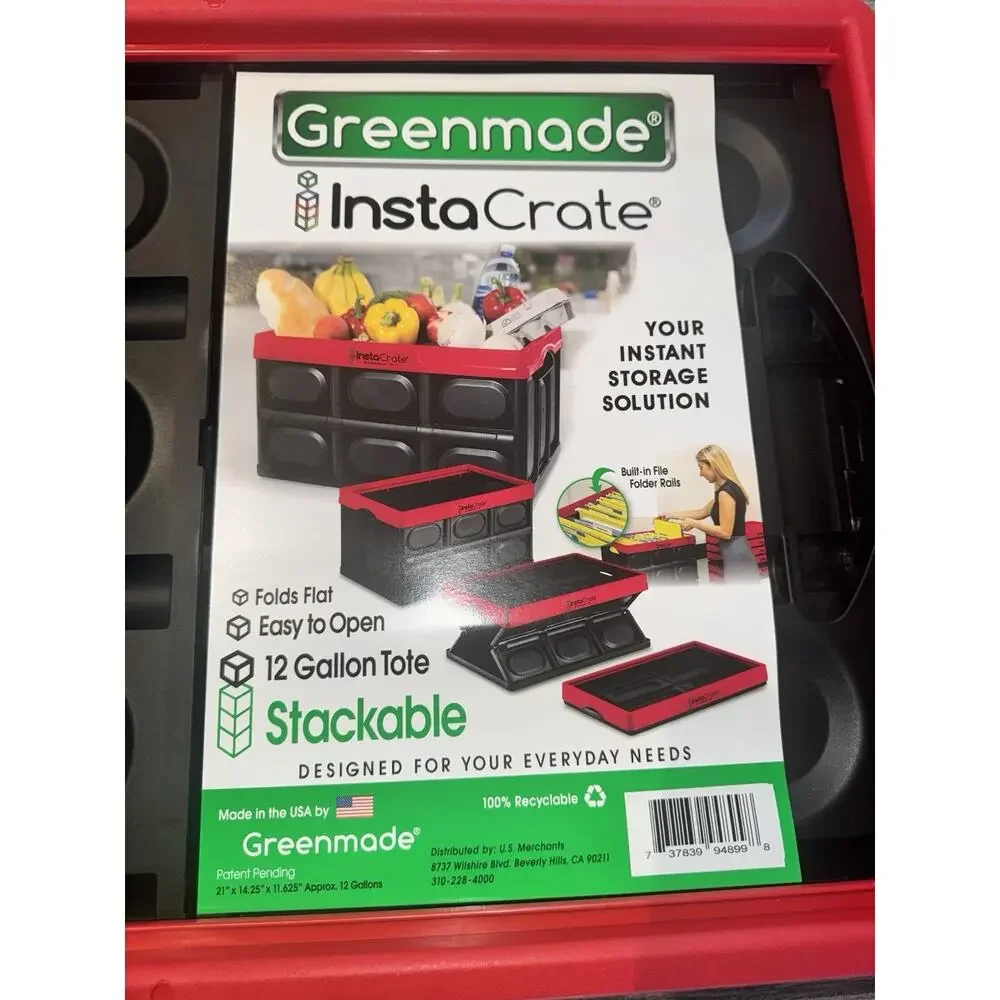 Greenmade InstaCrate 12 Gallon Collapsible Storage Crate Stackable Black Red
